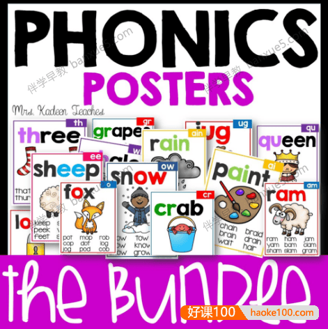 自然拼读词根闪卡《Phonics Poster Mega Bundle》共131张PDF文档