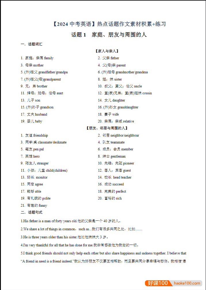 中考英语热点话题作文素材积累+练习