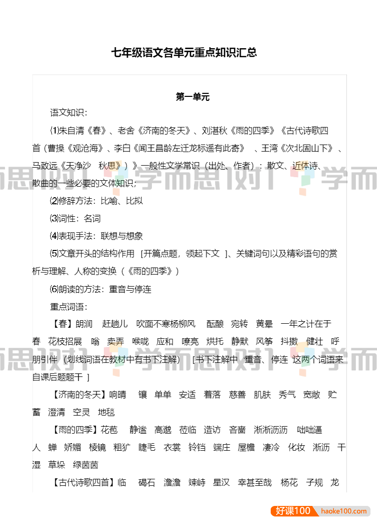 学而思初中全科上册各单元重点知识汇总PDF文档