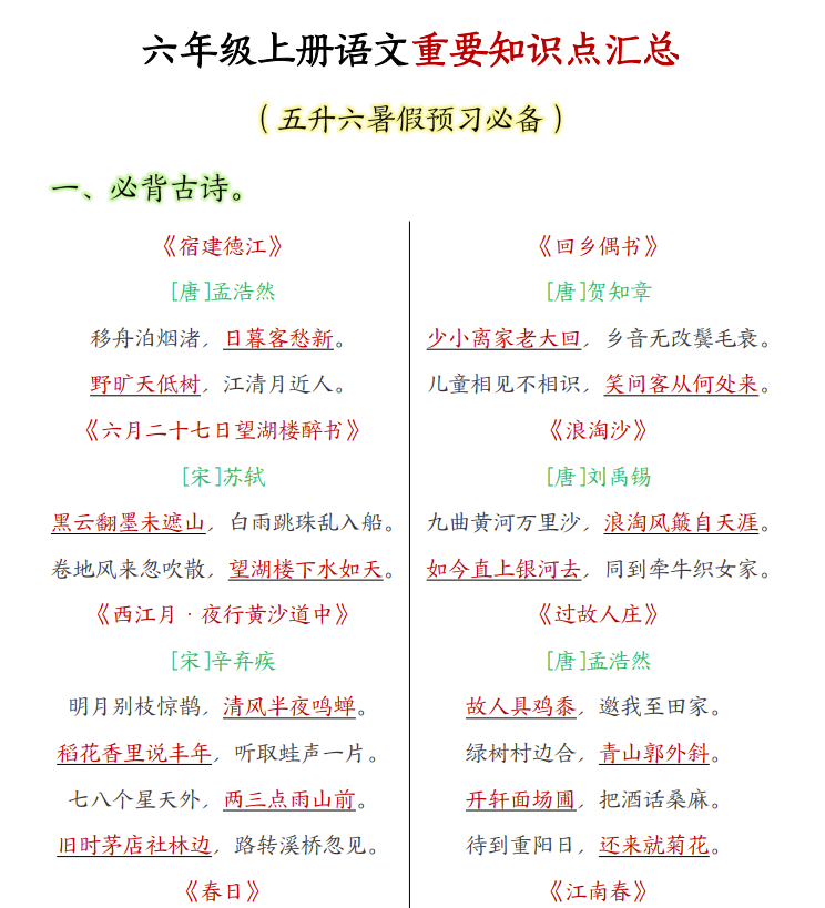 1～6年级语文上册知识重点汇总(PDF)