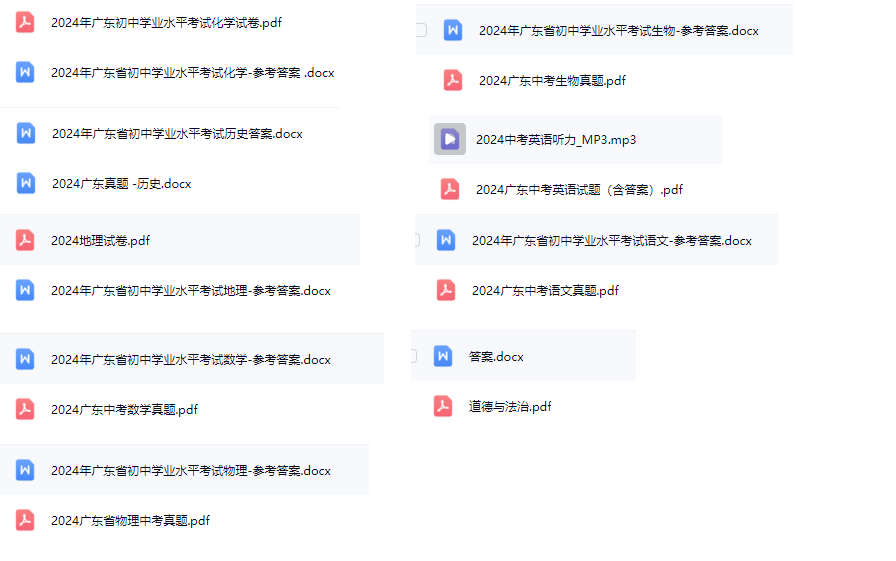2024广东中考真题汇总+答案（全科）